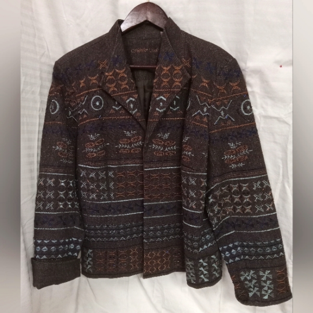 COLDWATER CREEK Blazer Brown Denim Blue Embroidery,  Gems, Beaded Size 16/42